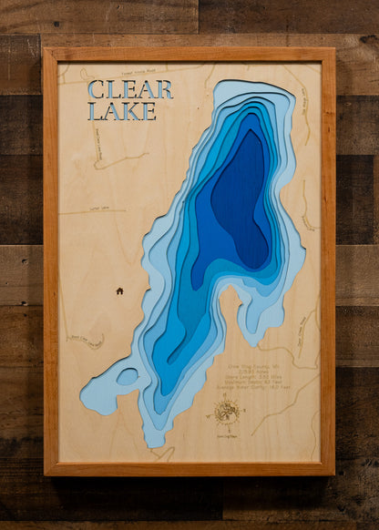 Clear Lake in Crow Wing County, MN in stunning 3D wood map design, with detailed topography.