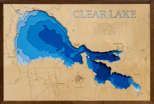 Clear Lake in Lake County, CA custom 3D wood map, perfect for home decor and gifts.