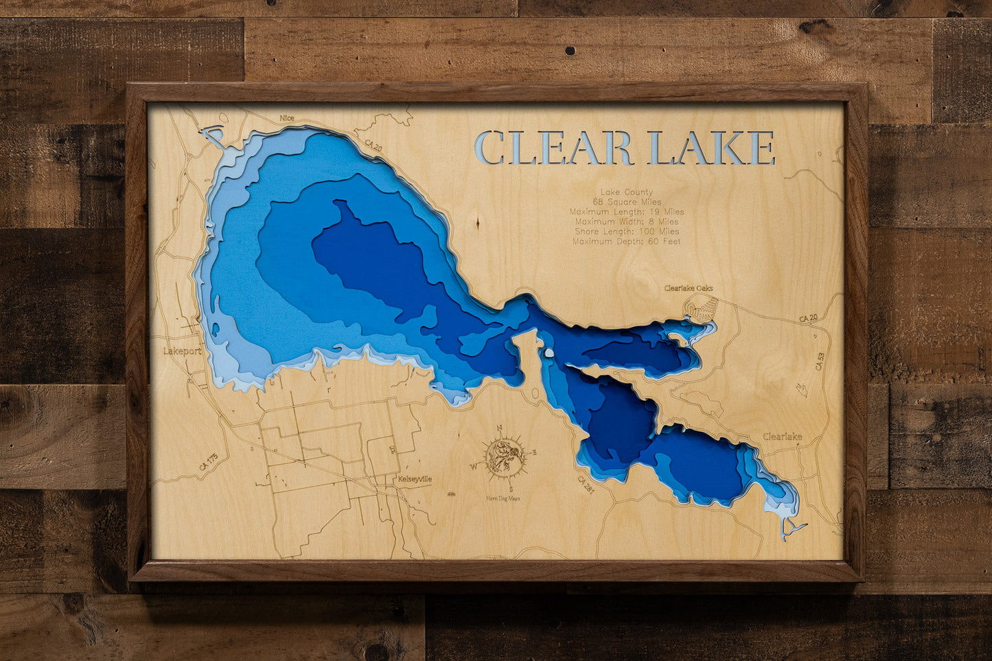 Clear Lake in Lake County, CA custom 3D wood map, perfect for home decor and gifts.