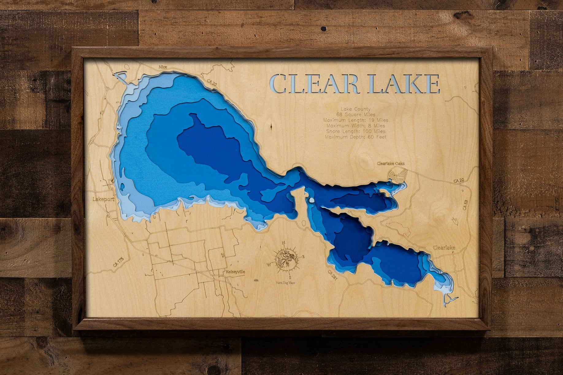 Clear Lake in Lake County, CA custom 3D wood map, perfect for home decor and gifts.