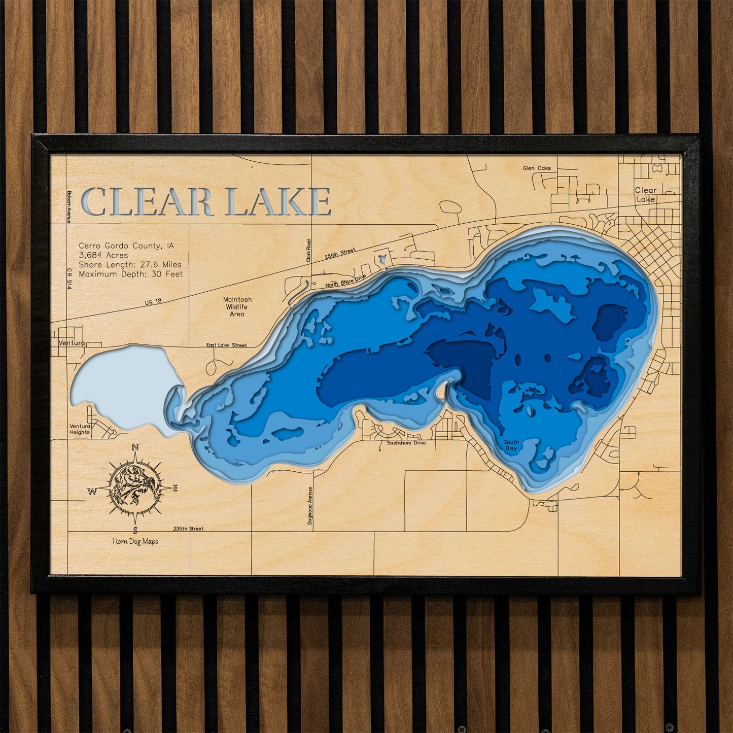 Clear Lake in Cerro Gordo County, IA engraved wood map, showcasing accurate topographical features.