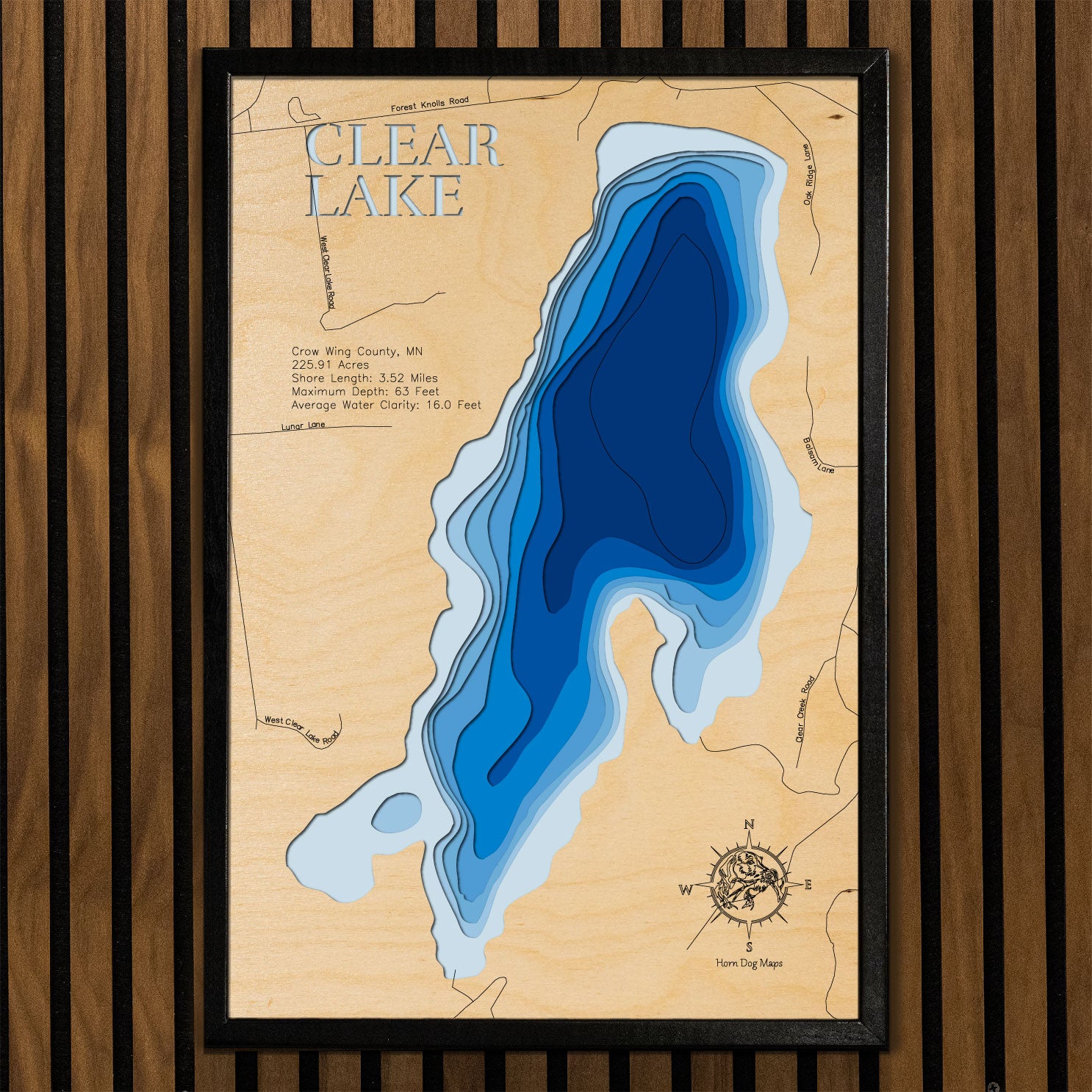 Clear Lake in Crow Wing County, MN in stunning 3D wood map design, with detailed topography.