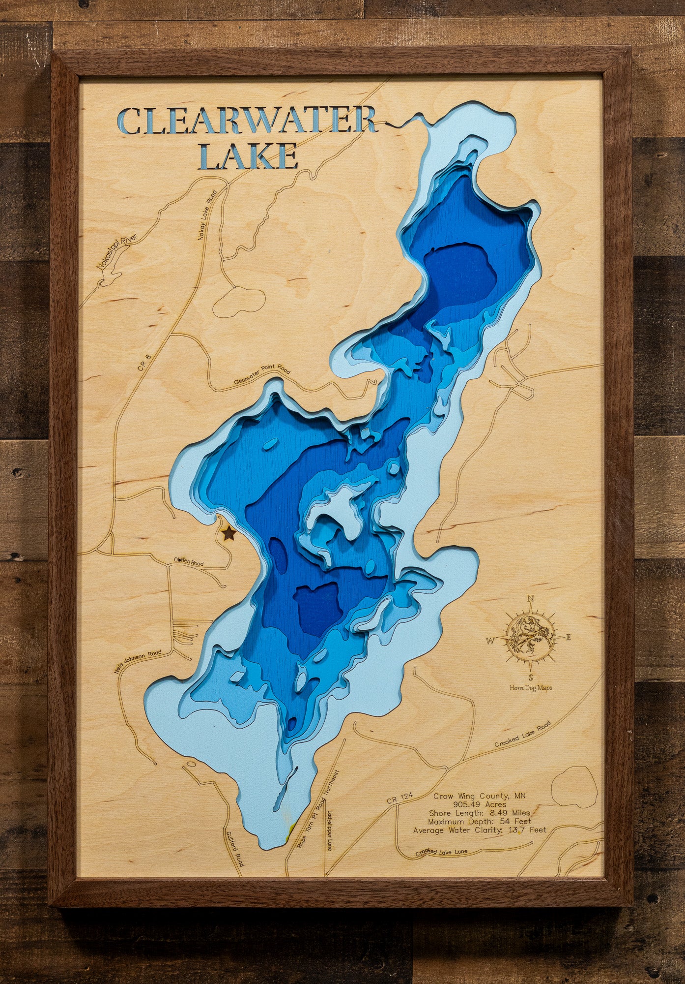 Unique wooden lake map of Clearwater Lake in Crow Wing County, MN, featuring intricate depth details.