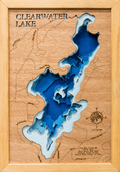 Unique wooden lake map of Clearwater Lake in Crow Wing County, MN, featuring intricate depth details.