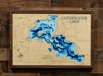 Laser-engraved relief map of Clearwater Lake  in  Wright County, Minnesota, crafted from wood with high precision.