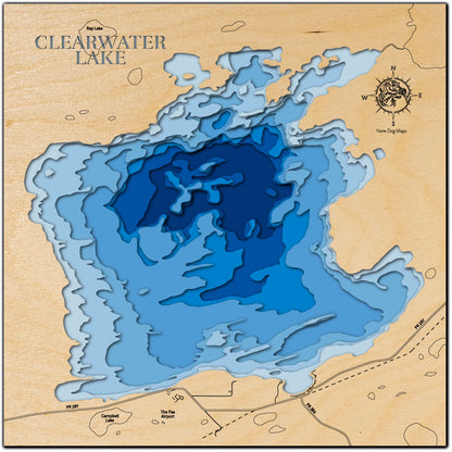 Laser-engraved relief map of Clearwater Lake Manitoba, Canada, crafted from wood with high precision.