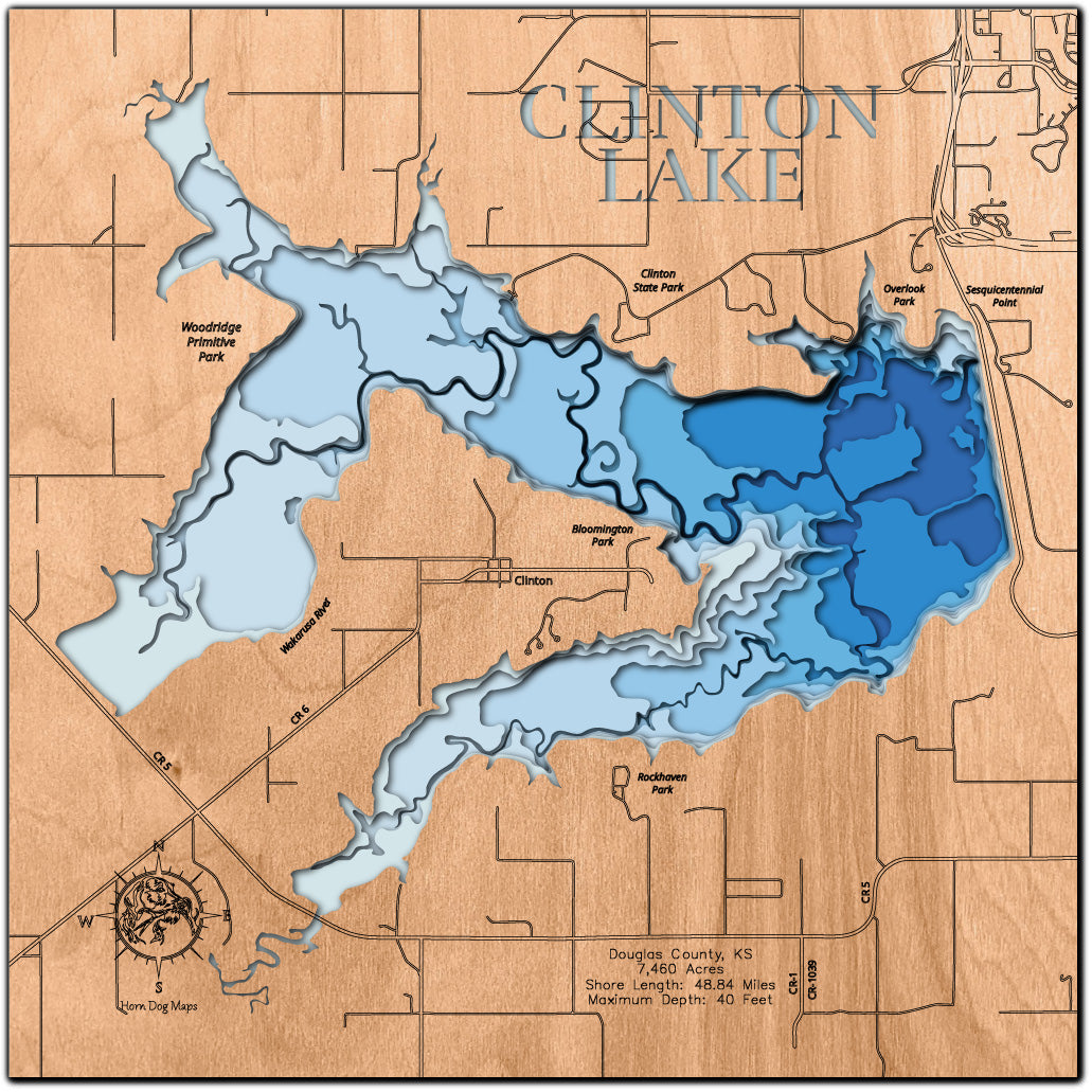 Clinton Lake in Douglas County, KS custom 3D wood map, perfect for home decor and gifts.