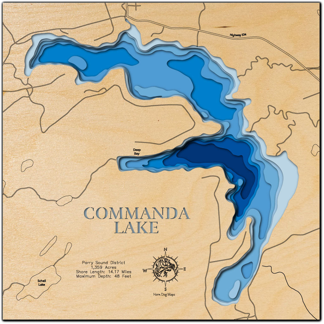 3D wooden lake map of Commanda Lake in Parry Sound District, Ontario Canada, showcasing detailed depth layers and contours.