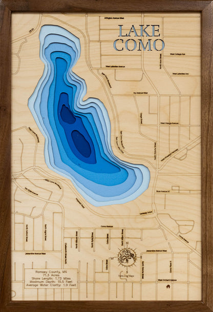 Lake Como in Ramsey County, MN 3D depth map, laser cut from high-quality wood.