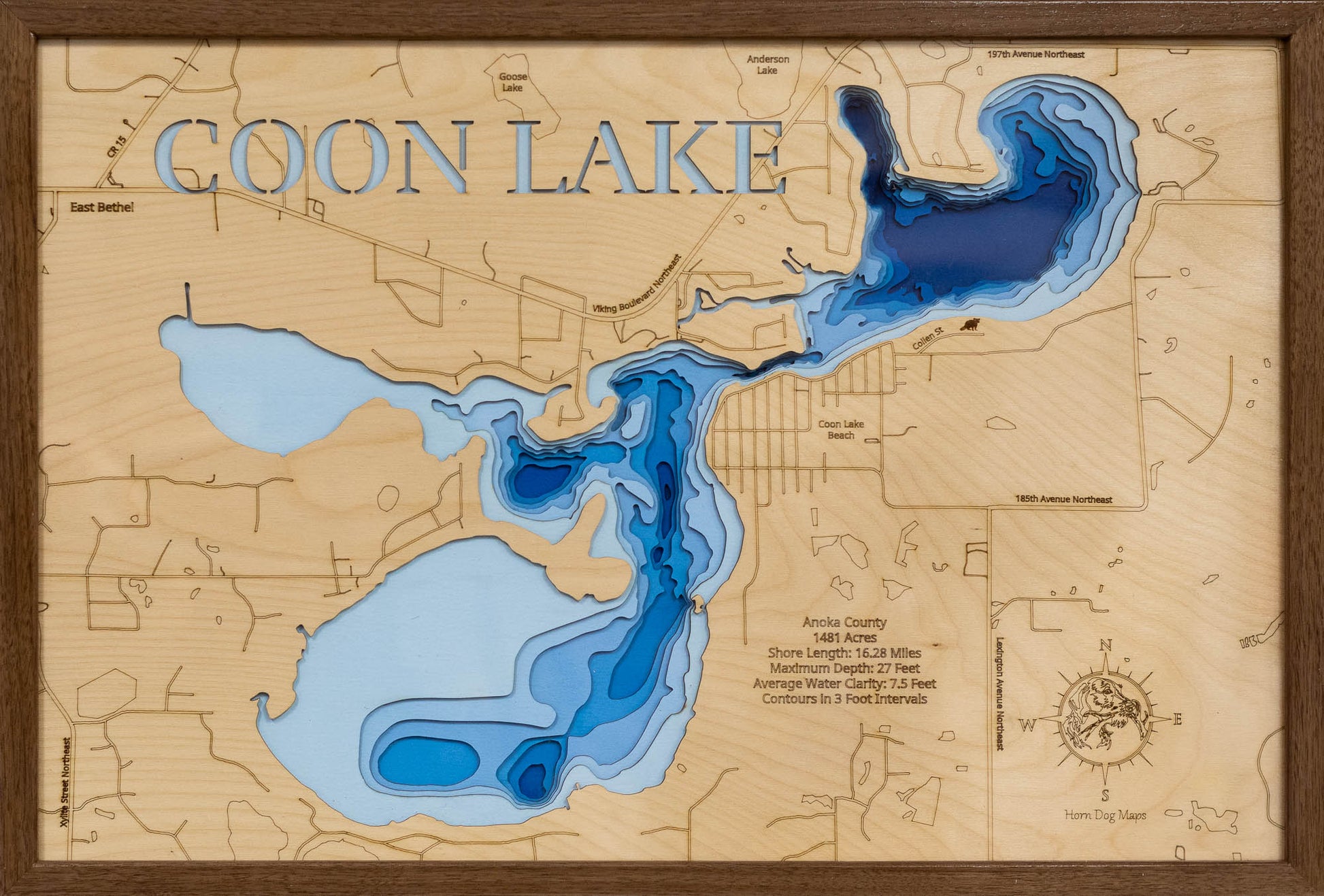 Artisanally carved wooden lake map of Coon lake in Anoka County, MN, highlighting bathymetry.