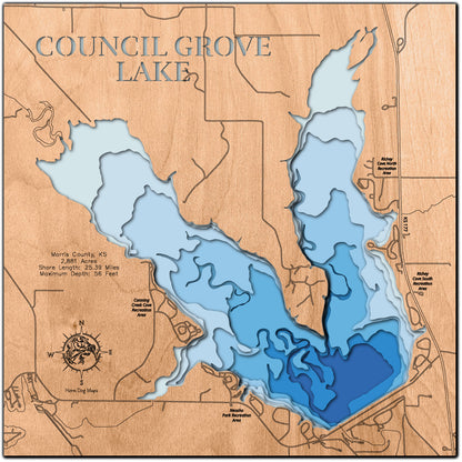 Custom wooden map of Council Grove Lake in Morris County, KS with layered depth highlights.