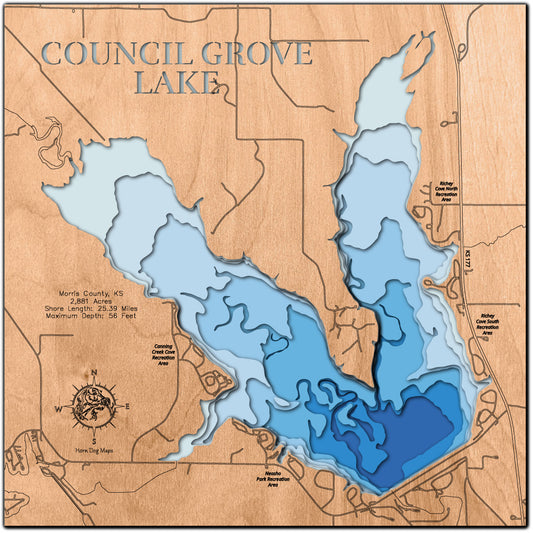 Custom wooden map of Council Grove Lake in Morris County, KS with layered depth highlights.