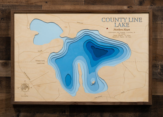 Artisanally carved wooden lake map of County Line Lake in Ontonagon and Gogebic Counties, MI, highlighting bathymetry.