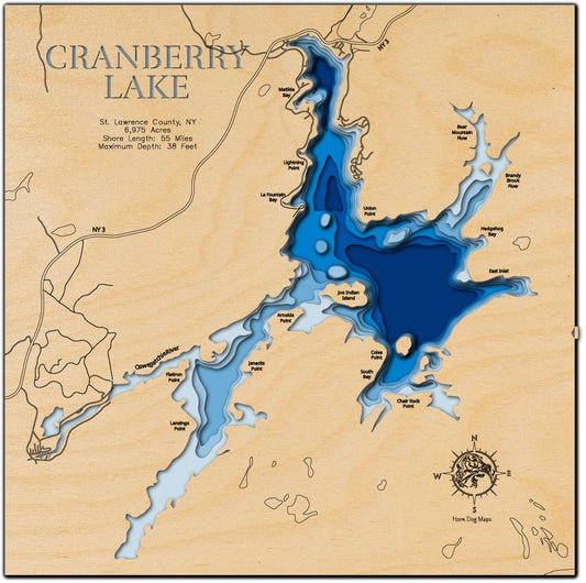 Artisanally carved wooden lake map of Cranberry Lake in St. Lawrence County, NY, highlighting bathymetry.