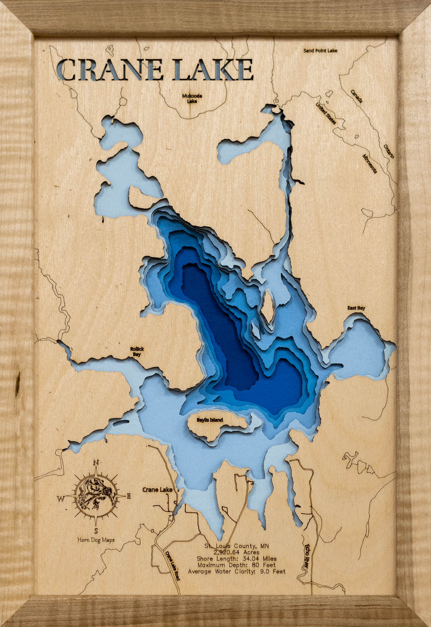 3D wooden lake map of Crane Lake in St. Louis County, Minnesota, showcasing detailed depth layers and contours.