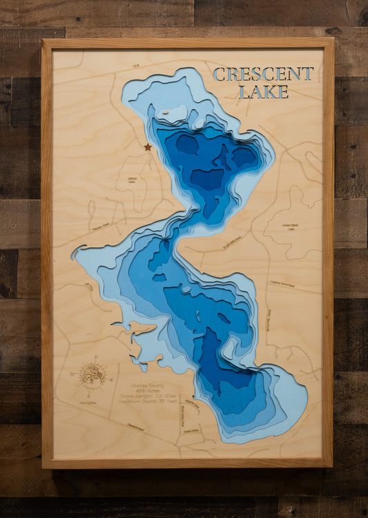Custom wooden map of Crescent Lake in Oneida County, WI with layered depth highlights.