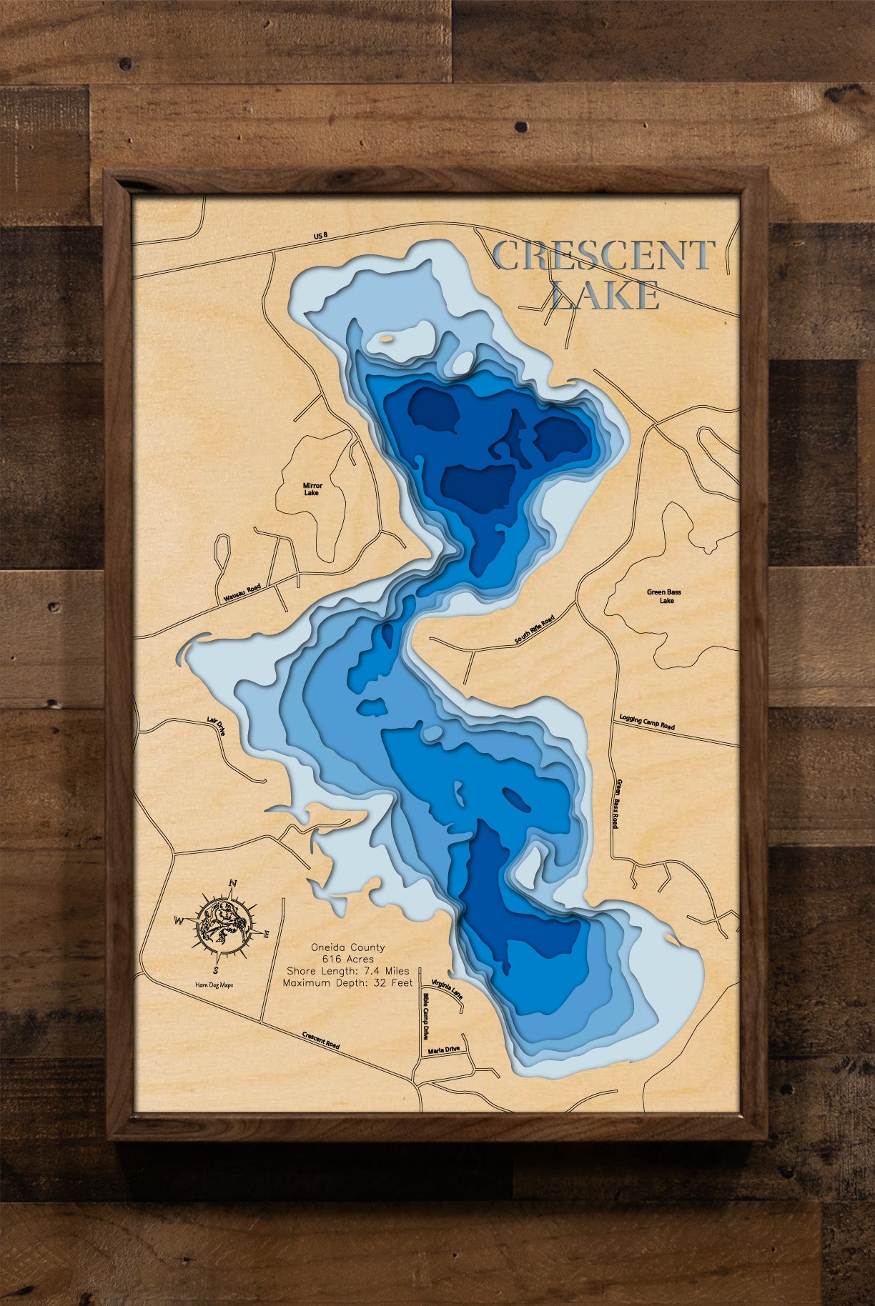 Custom wooden map of Crescent Lake in Oneida County, WI with layered depth highlights.