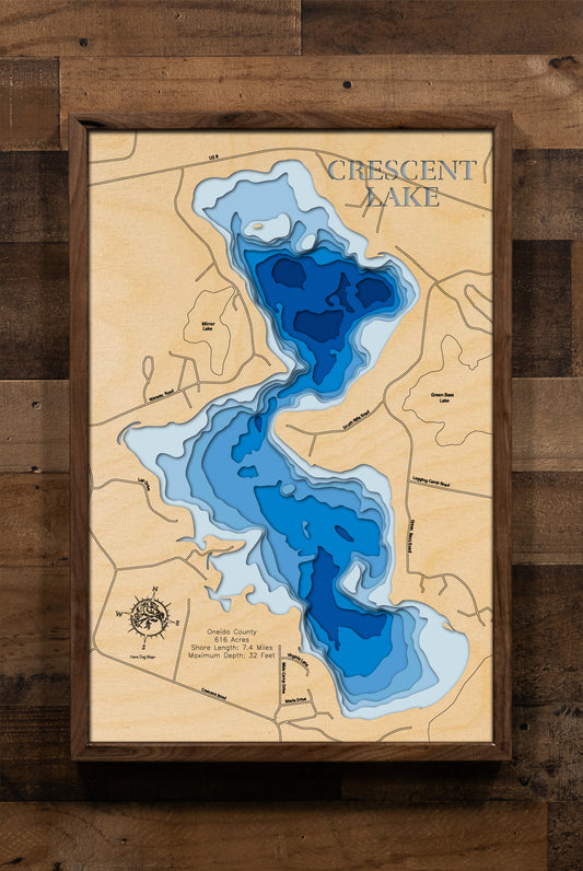 Custom wooden map of Crescent Lake in Oneida County, WI with layered depth highlights.