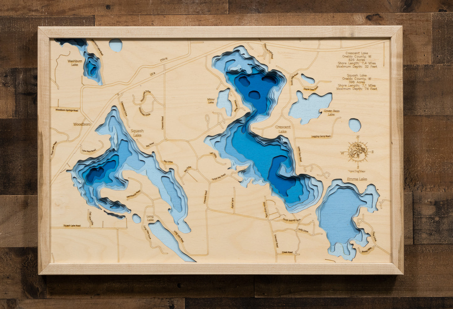 Custom wooden map of Crescent and Squash Lake in Oneida County, WI with layered depth highlights.