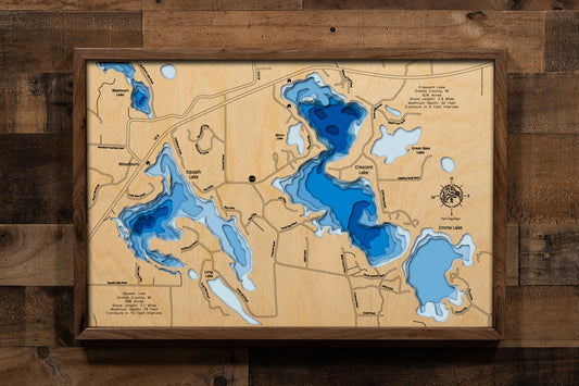 Custom wooden map of Crescent and Squash Lake in Oneida County, WI with layered depth highlights.