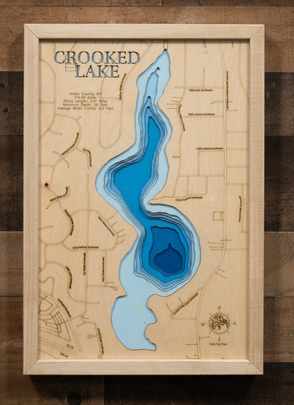 Crooked Lake in Anoka County, Minnesota in stunning 3D wood map design, with detailed topography.
