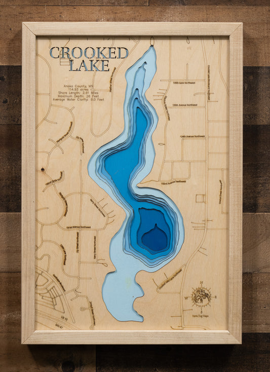 Crooked Lake in Anoka County, Minnesota in stunning 3D wood map design, with detailed topography.