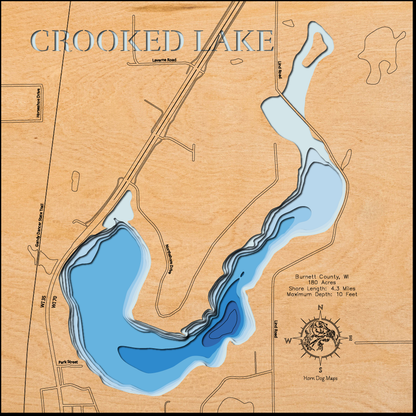 Handcrafted 3D wood map of Crooked Lake in Burnett County, WI, ideal for lake enthusiasts.