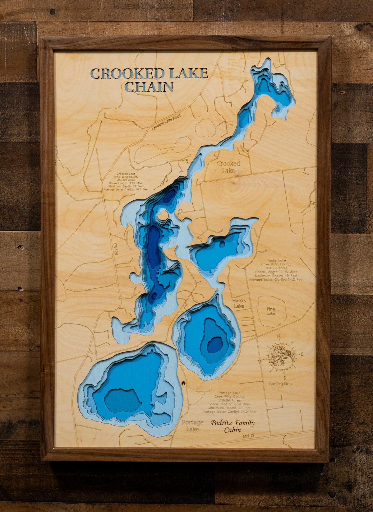 High-definition wooden relief map of 3d Depth Map of Crooked Lake Chain in Crow Wing County County, MN, handmade for durability.