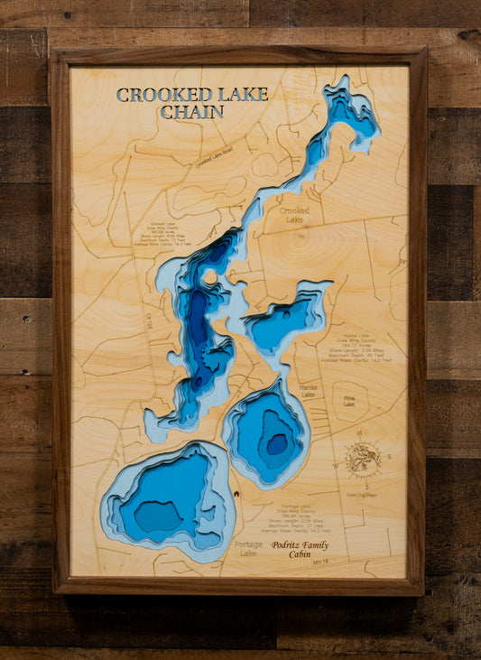 High-definition wooden relief map of 3d Depth Map of Crooked Lake Chain in Crow Wing County County, MN, handmade for durability.