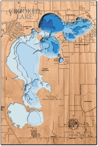 Crooked Lake in Polk County, FL custom 3D wood map, perfect for home decor and gifts.