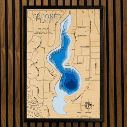 Crooked Lake in Anoka County, Minnesota in stunning 3D wood map design, with detailed topography.