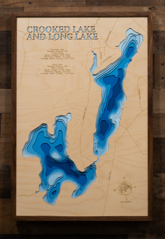 Crooked Lake  and Long Lake in Stearns County, MN 3D depth map, laser cut from high-quality wood.