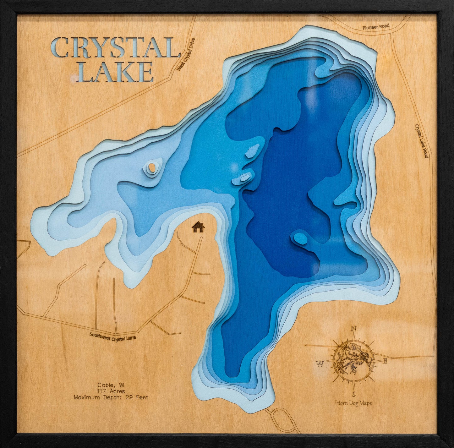 Crystal Lake in Bayfield County, WI, Near Cable engraved wood map, showcasing accurate topographical features.