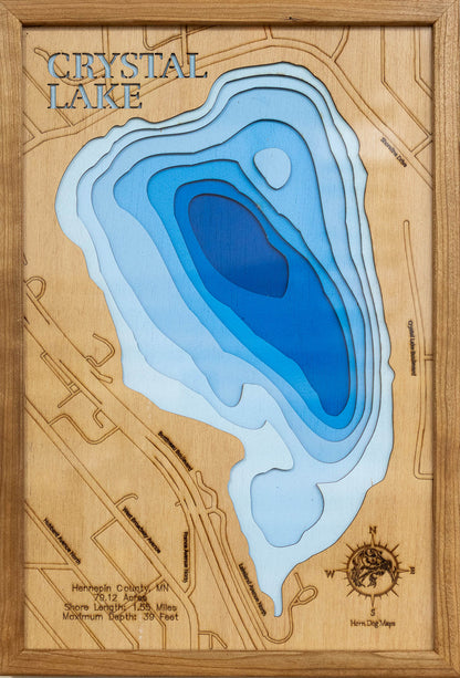 Unique wooden lake map of Crystal Lake in Hennepin County, MN, featuring intricate depth details.