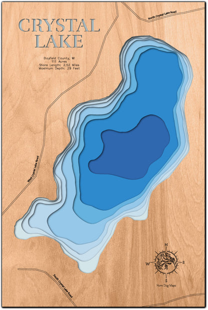 Detailed wooden relief map of Crystal Lake in Bayfield County, MN, showcasing its natural beauty.