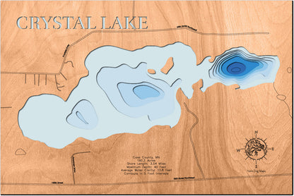 Exquisite wooden map of Crystal Lake in Cass County, MN with detailed lakebed features.