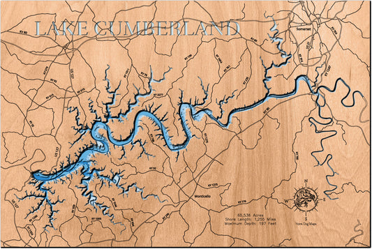 Lake Cumberland in Clinton, Pulaski, Russell, Wayne, and Laurel Counties Kentucky engraved wood map, showcasing accurate topographical features.