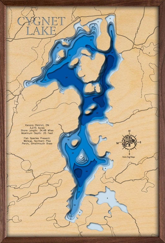 Decorative 3D wooden lake map of Cygnet Lake in Kenora District, Ontario, crafted with care.