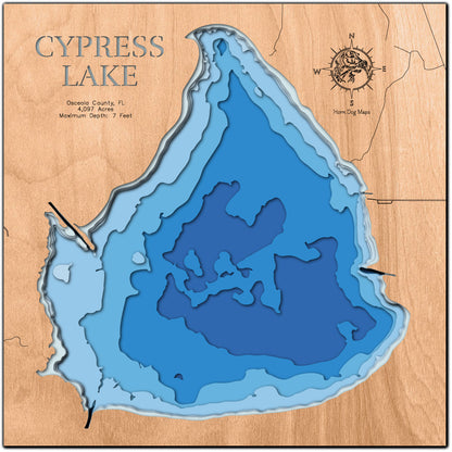 Laser-engraved relief map of Cypress Lake in Osceola County, FL, crafted from wood with high precision.