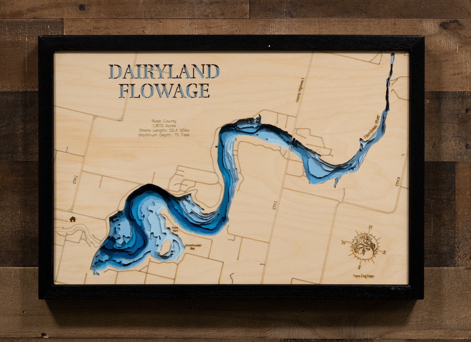 Unique wooden lake map of Dairyland Flowage in Rusk County, WI, featuring intricate depth details.