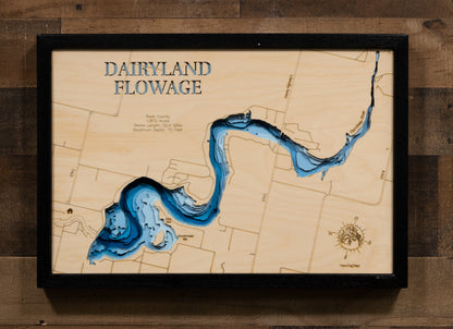 Unique wooden lake map of Dairyland Flowage in Rusk County, WI, featuring intricate depth details.