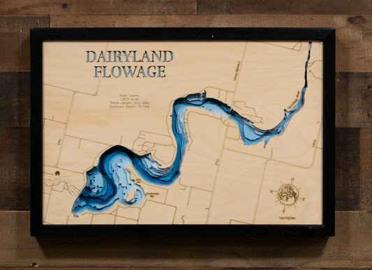 Unique wooden lake map of Dairyland Flowage in Rusk County, WI, featuring intricate depth details.