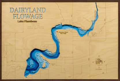 Unique wooden lake map of Dairyland Flowage in Rusk County, WI, featuring intricate depth details.