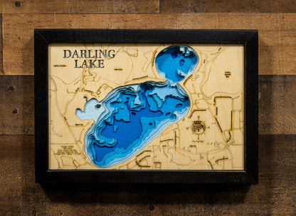 Decorative 3D wooden lake map of 3D Lake map of Darling Lake in Douglas County, MN, crafted with care.
