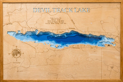 Devil Track Lake in Cook County, MN engraved wood map, showcasing accurate topographical features.