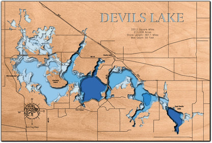 Devil's Lake - horn-dog-maps custom 3D wood map, perfect for home decor and gifts.