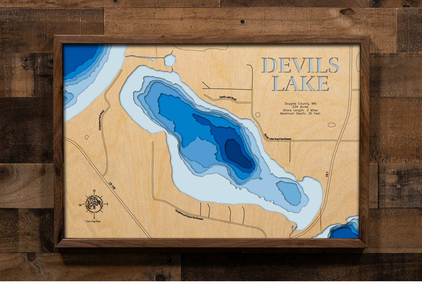 A precision laser-cut, multi-layered wooden map of Devils Lake in Douglas County, Minnesota, near Brandon in the Alexandria Lakes region. The natural wood top layer captures the lake's shoreline in fine detail, while a light-to-dark blue gradient conveys its 35-foot depth. A handcrafted statement piece for any Minnesota lake cabin, home, or outdoor enthusiast's wall.