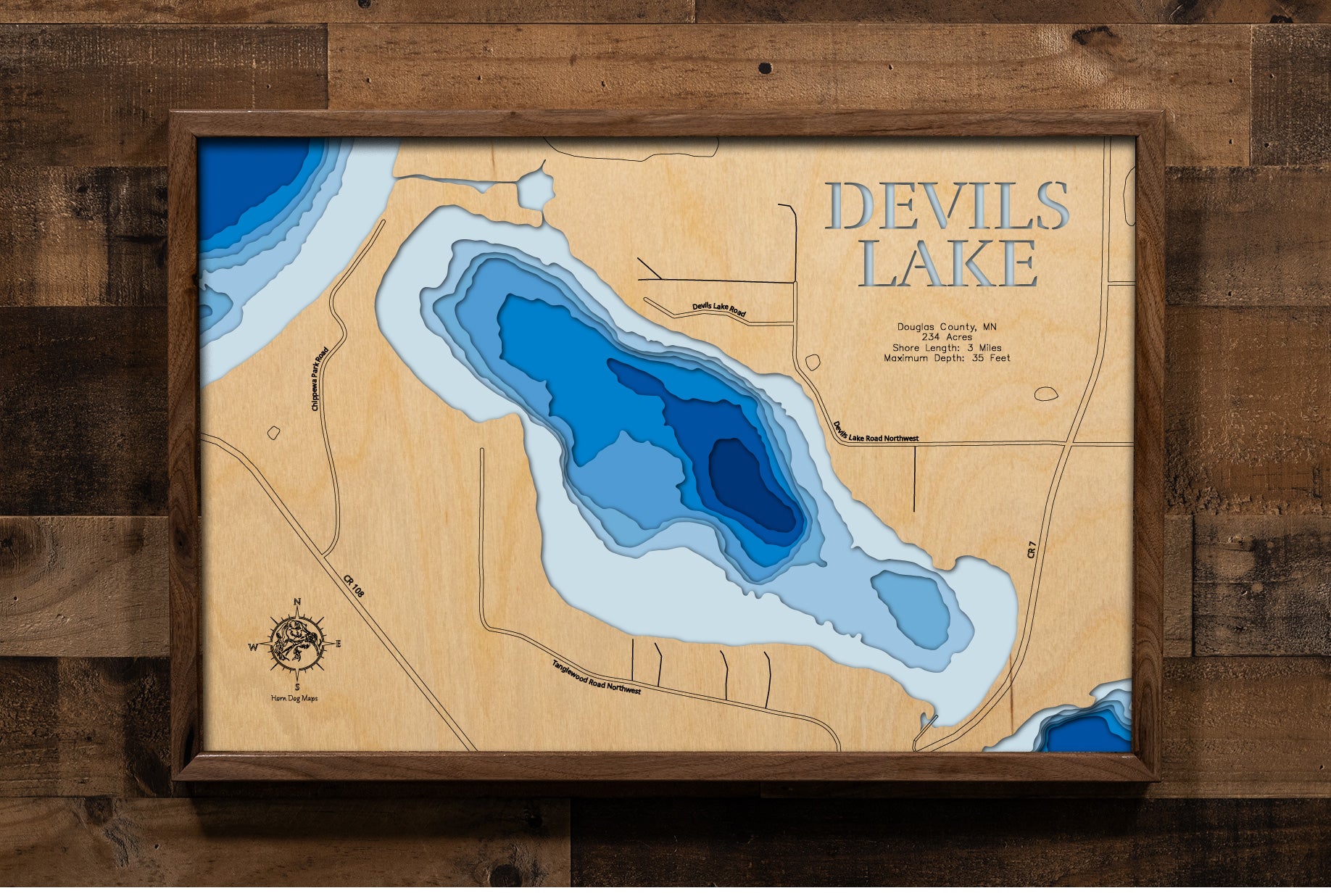 A precision laser-cut, multi-layered wooden map of Devils Lake in Douglas County, Minnesota, near Brandon in the Alexandria Lakes region. The natural wood top layer captures the lake's shoreline in fine detail, while a light-to-dark blue gradient conveys its 35-foot depth. A handcrafted statement piece for any Minnesota lake cabin, home, or outdoor enthusiast's wall.