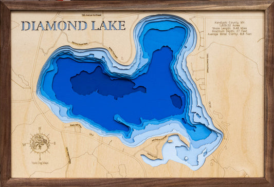 Detailed wooden relief map of Diamond Lake in Kandiyohi County, MN, showcasing its natural beauty.