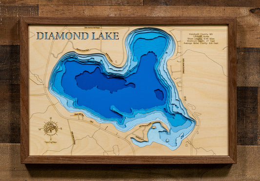 Detailed wooden relief map of Diamond Lake in Kandiyohi County, MN, showcasing its natural beauty.
